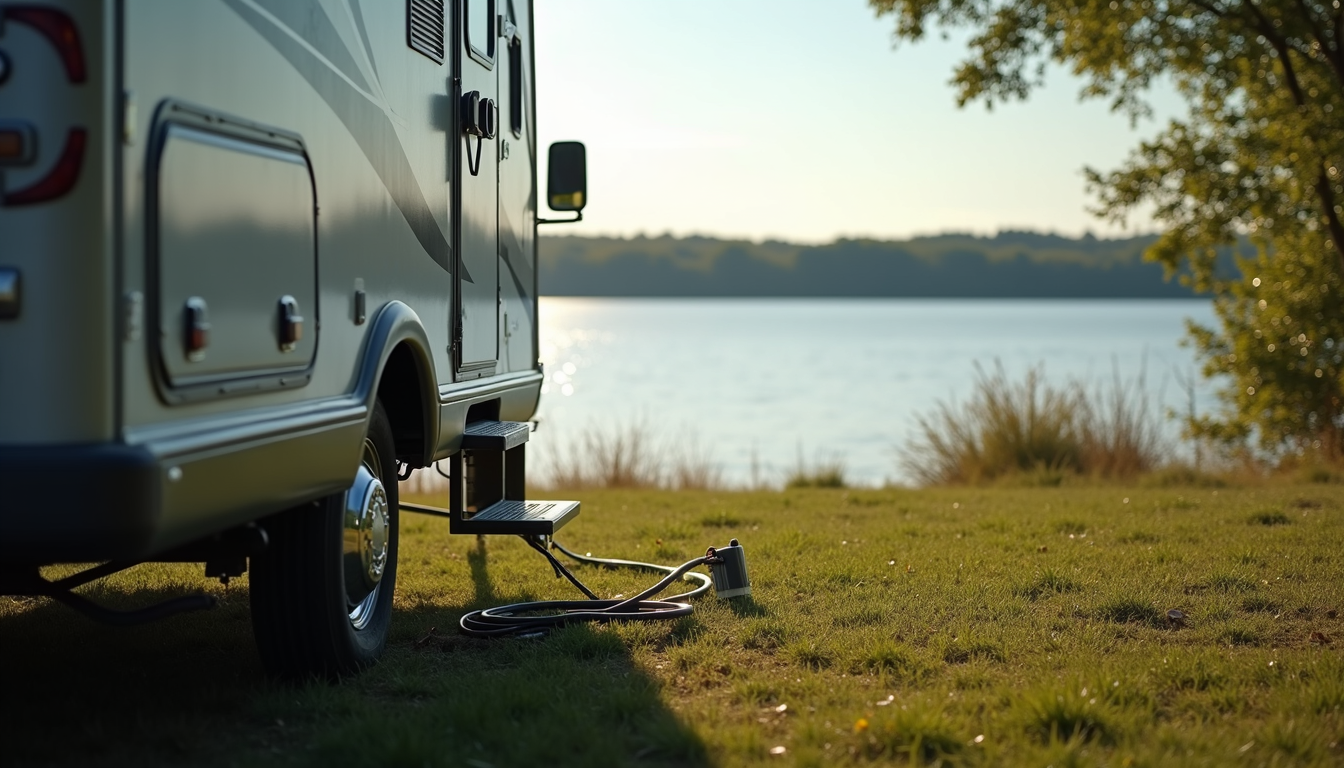 Eye-level view of an RV parked near a lake with a heated water hose connected