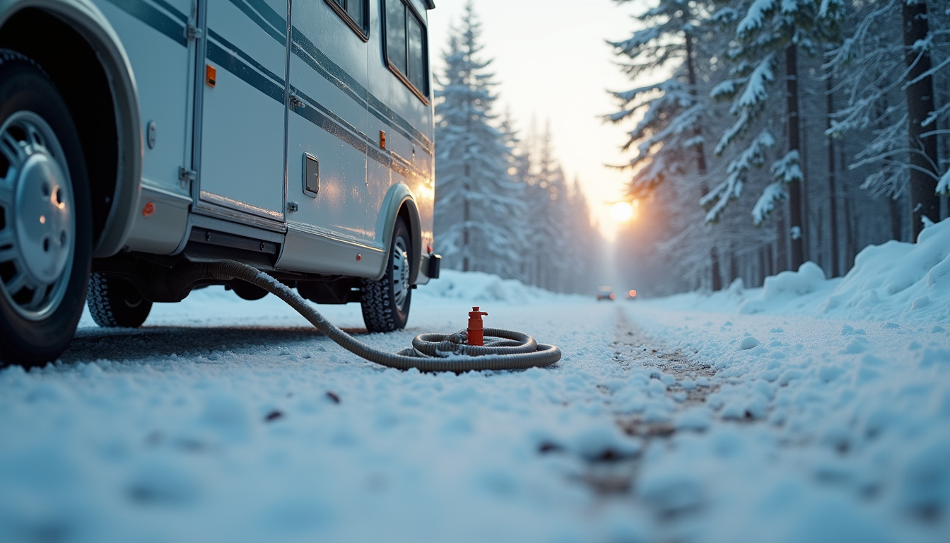Eye-level view of an RV parked at a snowy campsite with a heated water hose attached