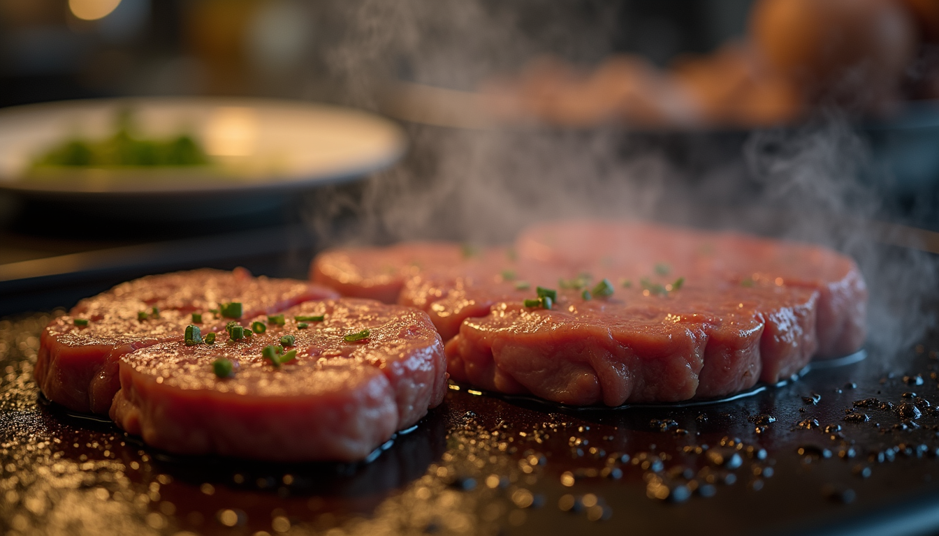 Eye-level view of a sizzling steak cooking on a griddle