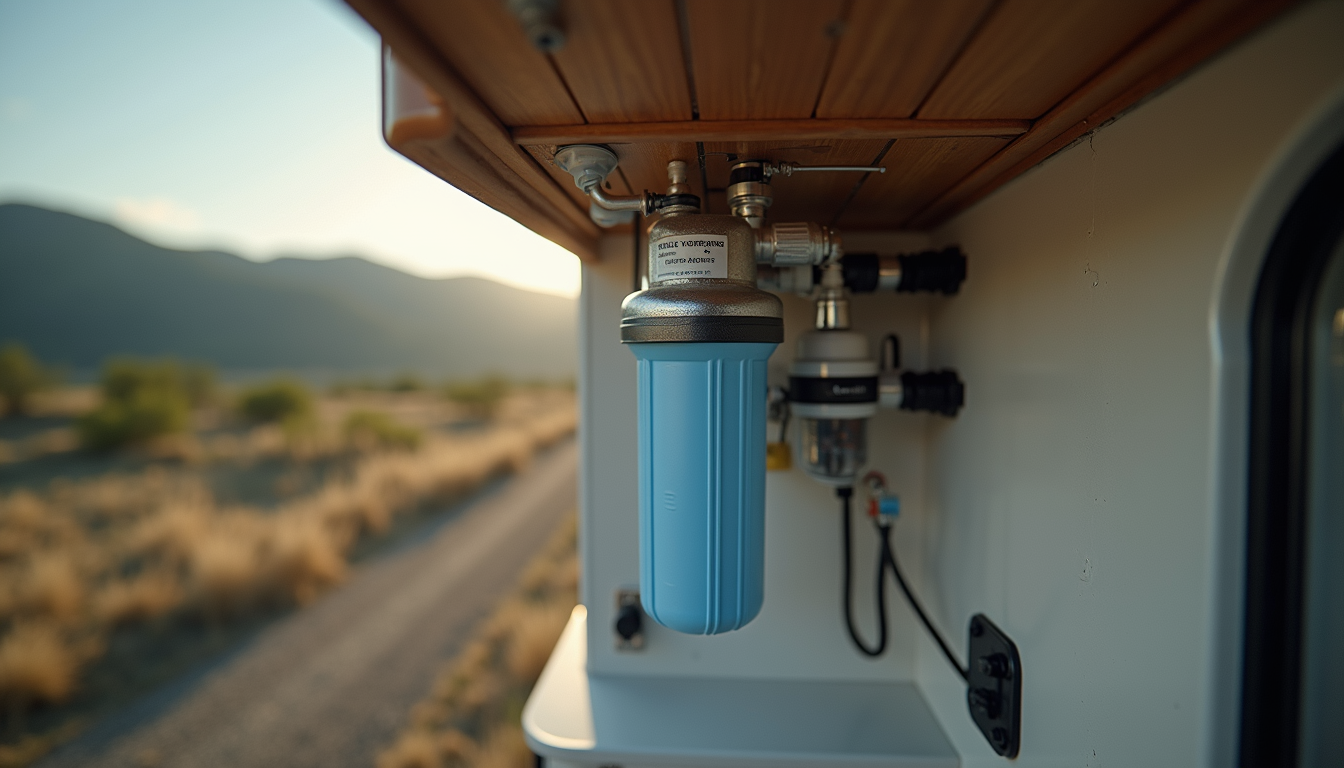 Eye-level view of a water filtration system installed inside an RV