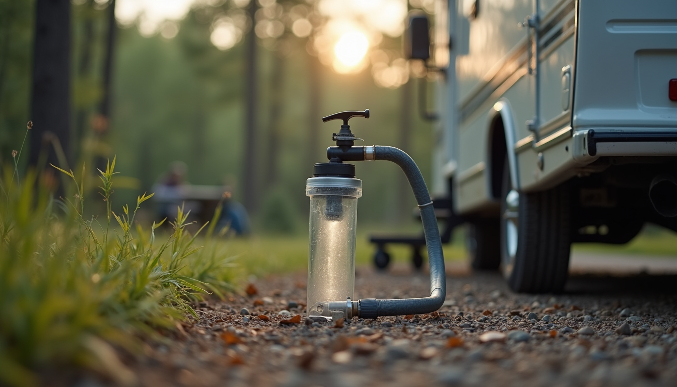 Eye-level view of RV water hose connected to a filtration system at campsite