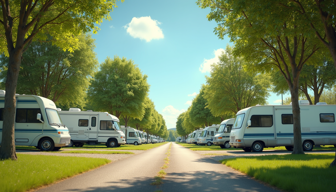 Eye-level view of a sunny RV park with green trees and clear blue sky