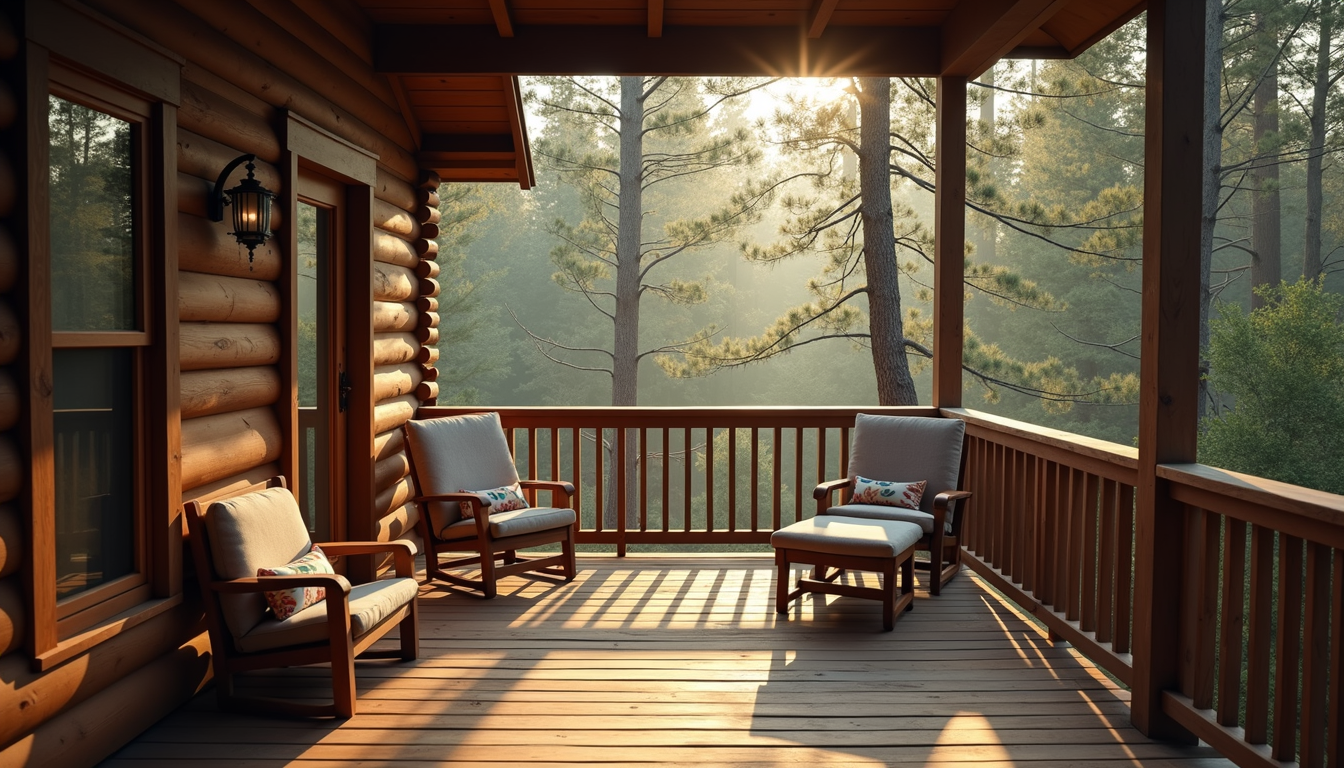 Eye-level view of a cozy cabin deck with comfortable seating overlooking a forest