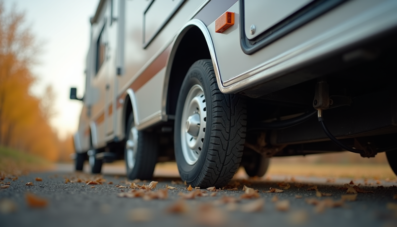 Eye-level view of an electric trailer jack installed on a camper trailer