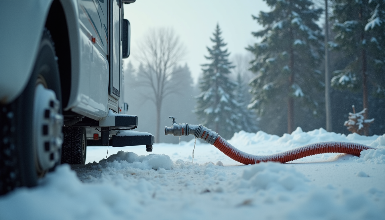 Eye-level view of an RV parked in a snowy campground with a heated water hose attached