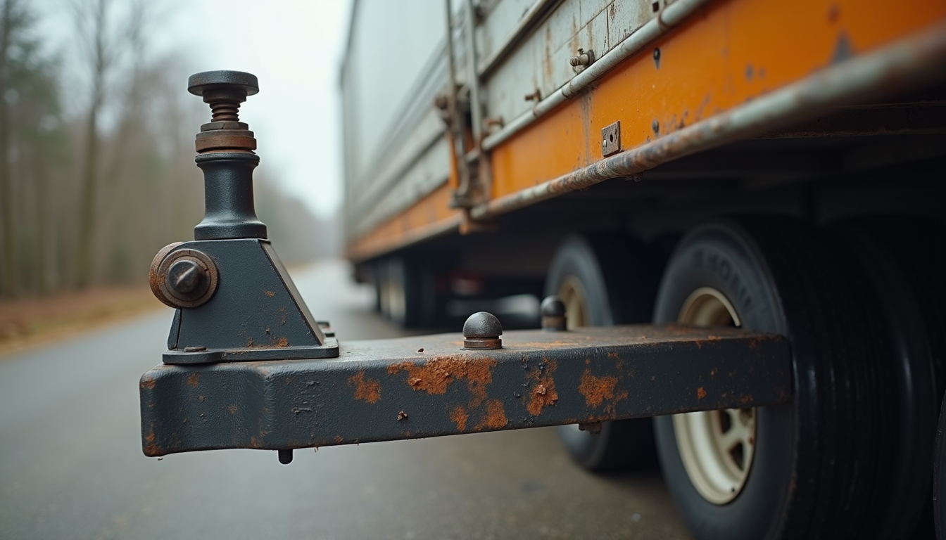 Close-up view of a sturdy trailer jack mounted on a trailer tongue