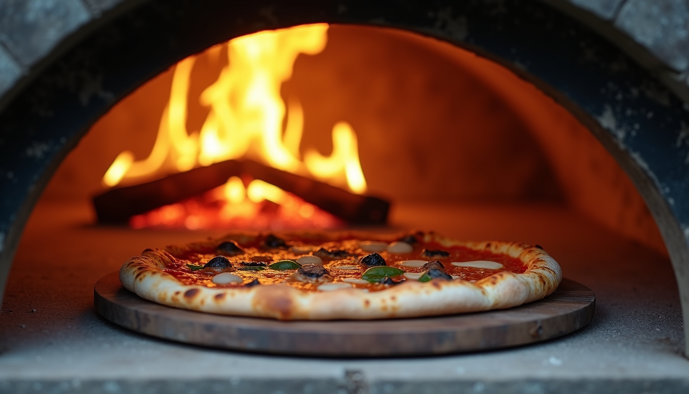 Eye-level view of outdoor pizza oven with fire inside