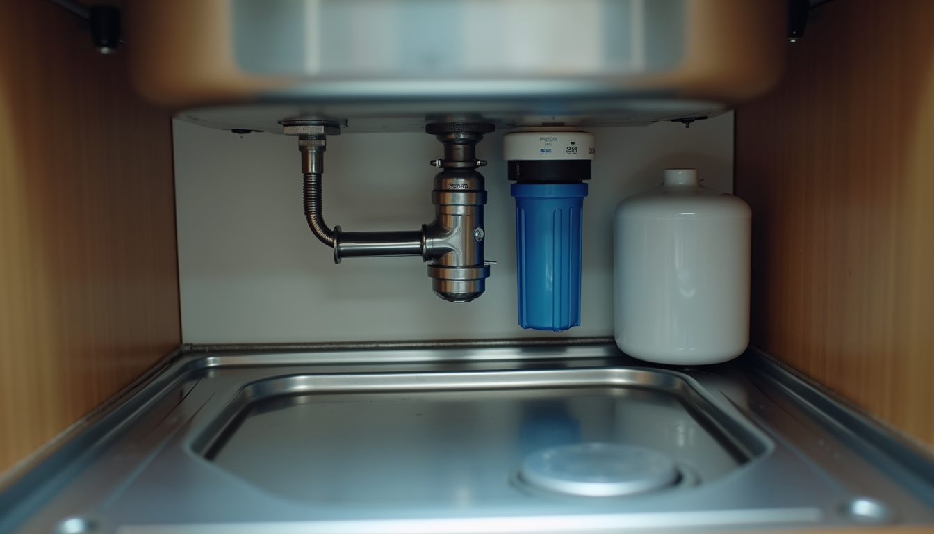 Eye-level view of a multi-stage RV water filtration system installed under a sink
