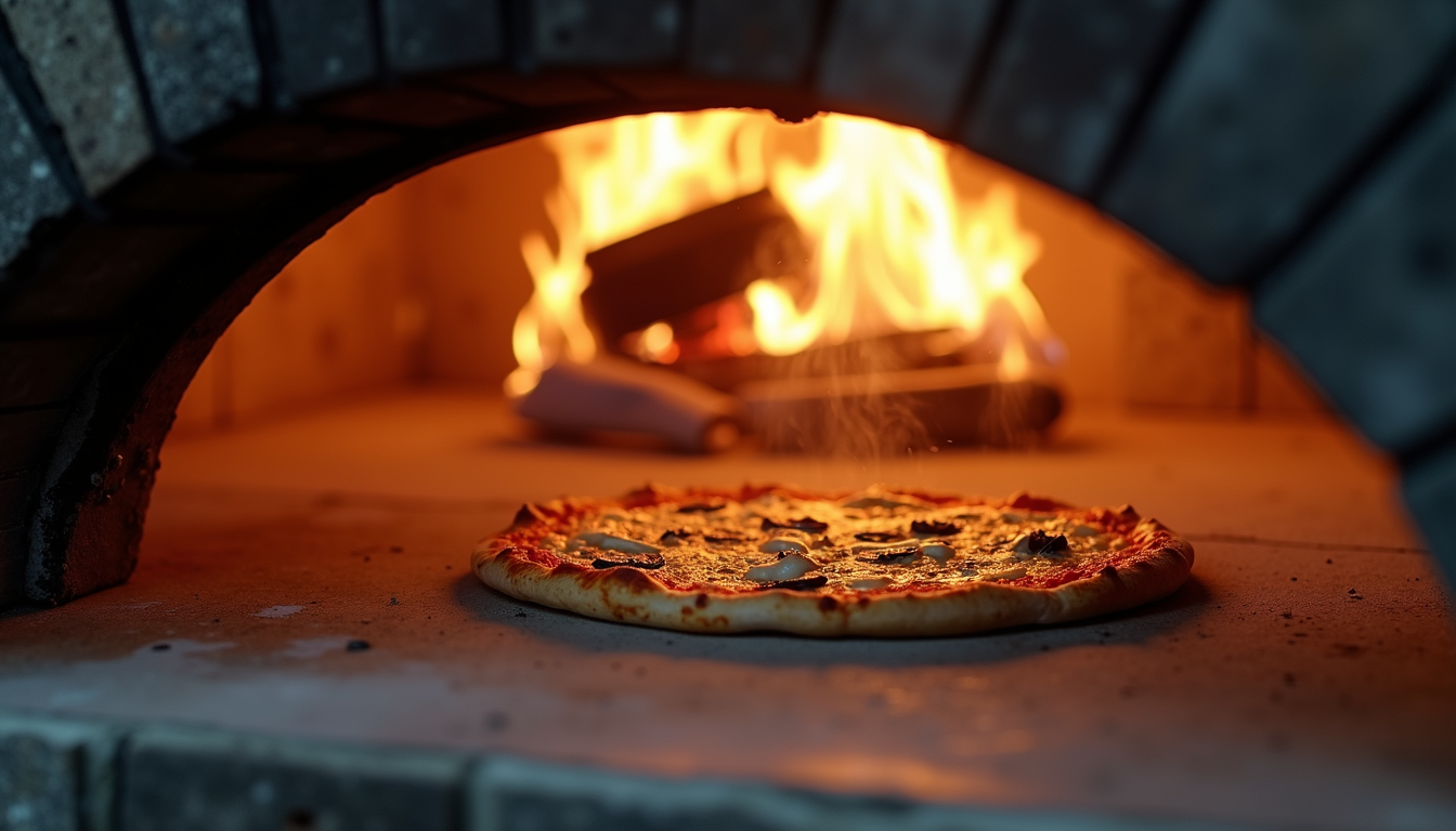 Close-up view of pizza cooking inside outdoor pizza oven
