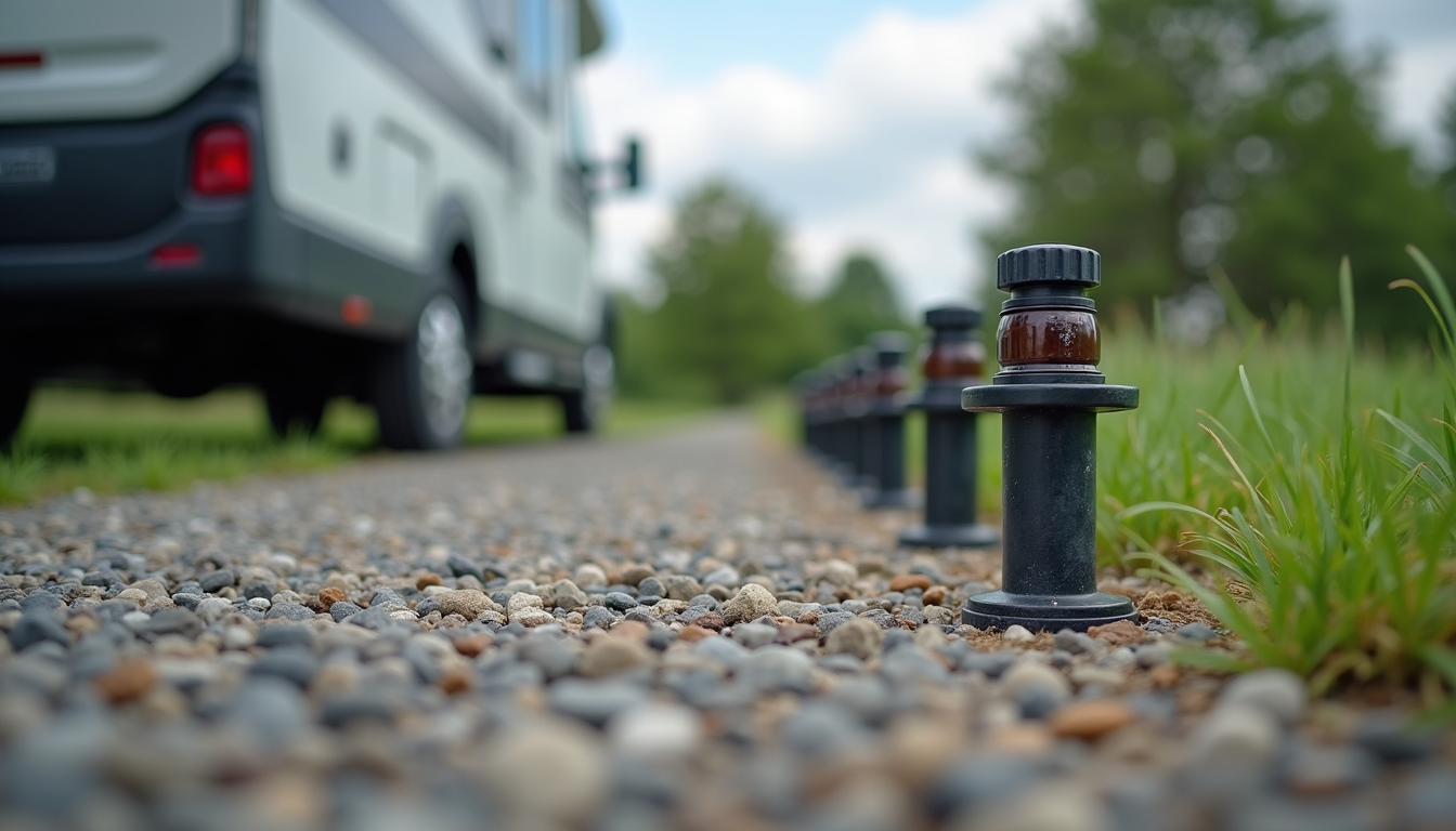 Eye-level view of adjustable RV sewer hose supports arranged neatly on gravel