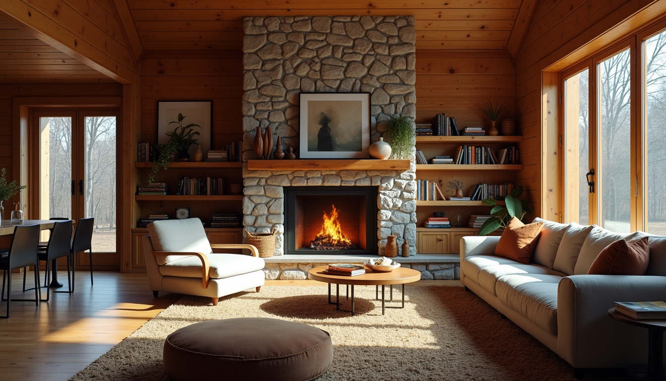 Eye-level view of a spacious cabin living room with a stone fireplace