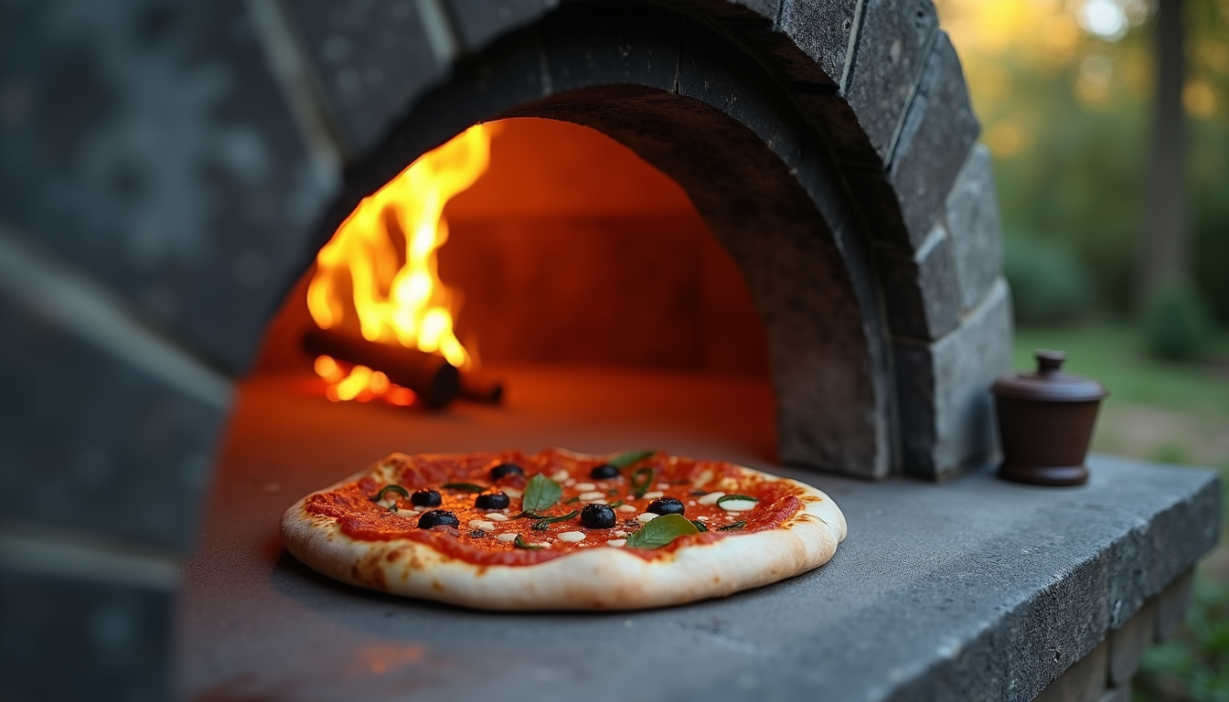 Eye-level view of outdoor pizza oven with fire inside
