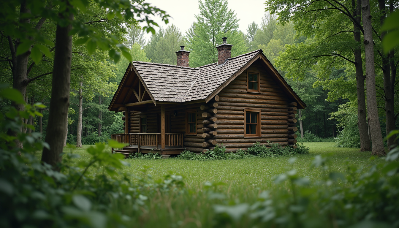 Wide angle view of a wooden cabin exterior surrounded by lush green trees