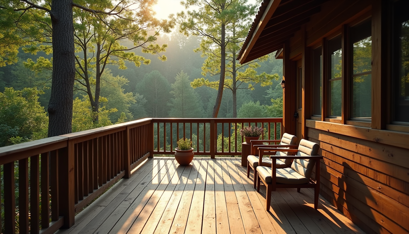 High angle view of a cabin deck with outdoor seating overlooking a forest