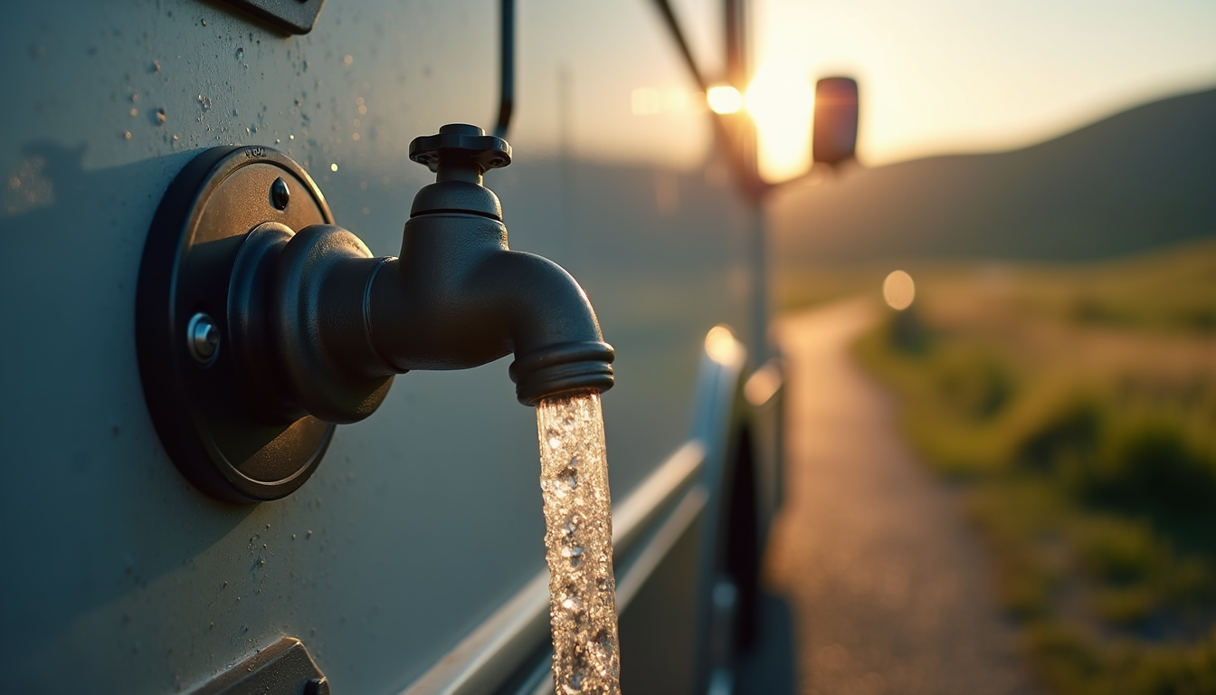 Close-up view of a heated drinking water hose connected to an RV water inlet