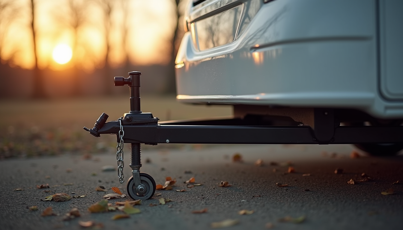 Close-up view of an electric towing jack attached to an RV trailer