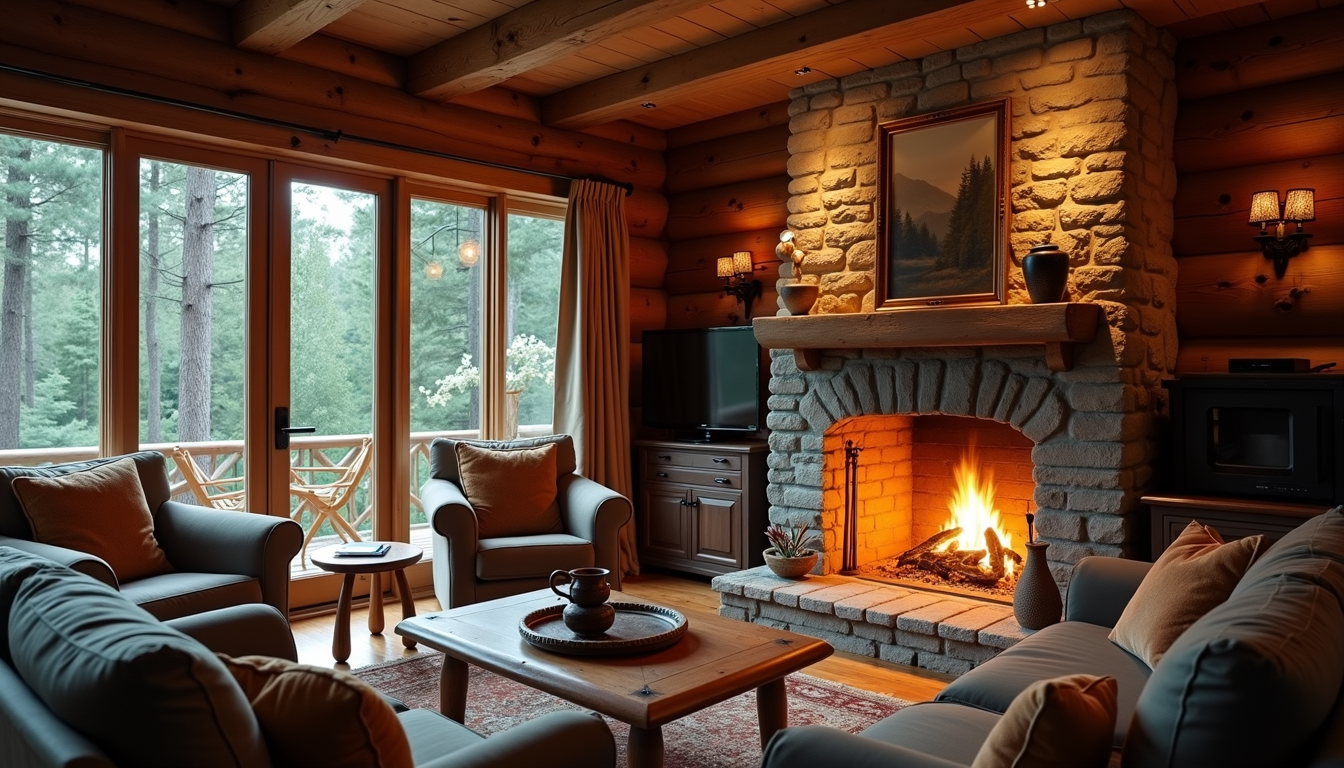 Eye-level view of a cozy cabin living room with a fireplace and comfortable seating