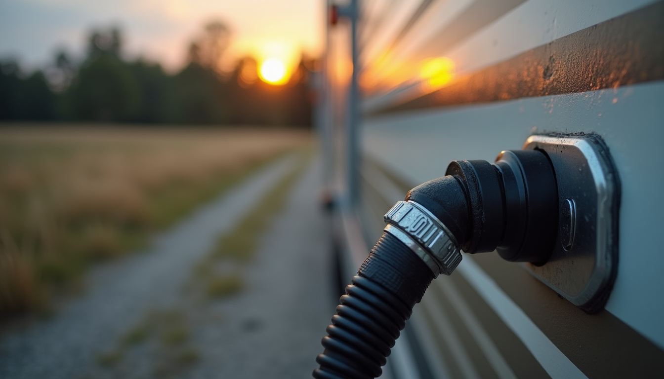 Close-up view of a heated RV hose connected to an RV water inlet