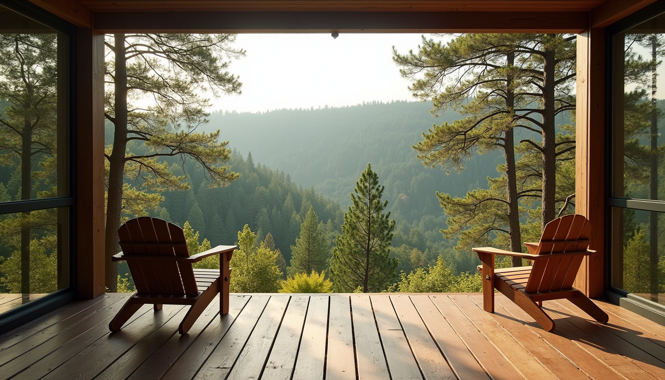Wide angle view of a wooden deck with chairs overlooking a forest landscape