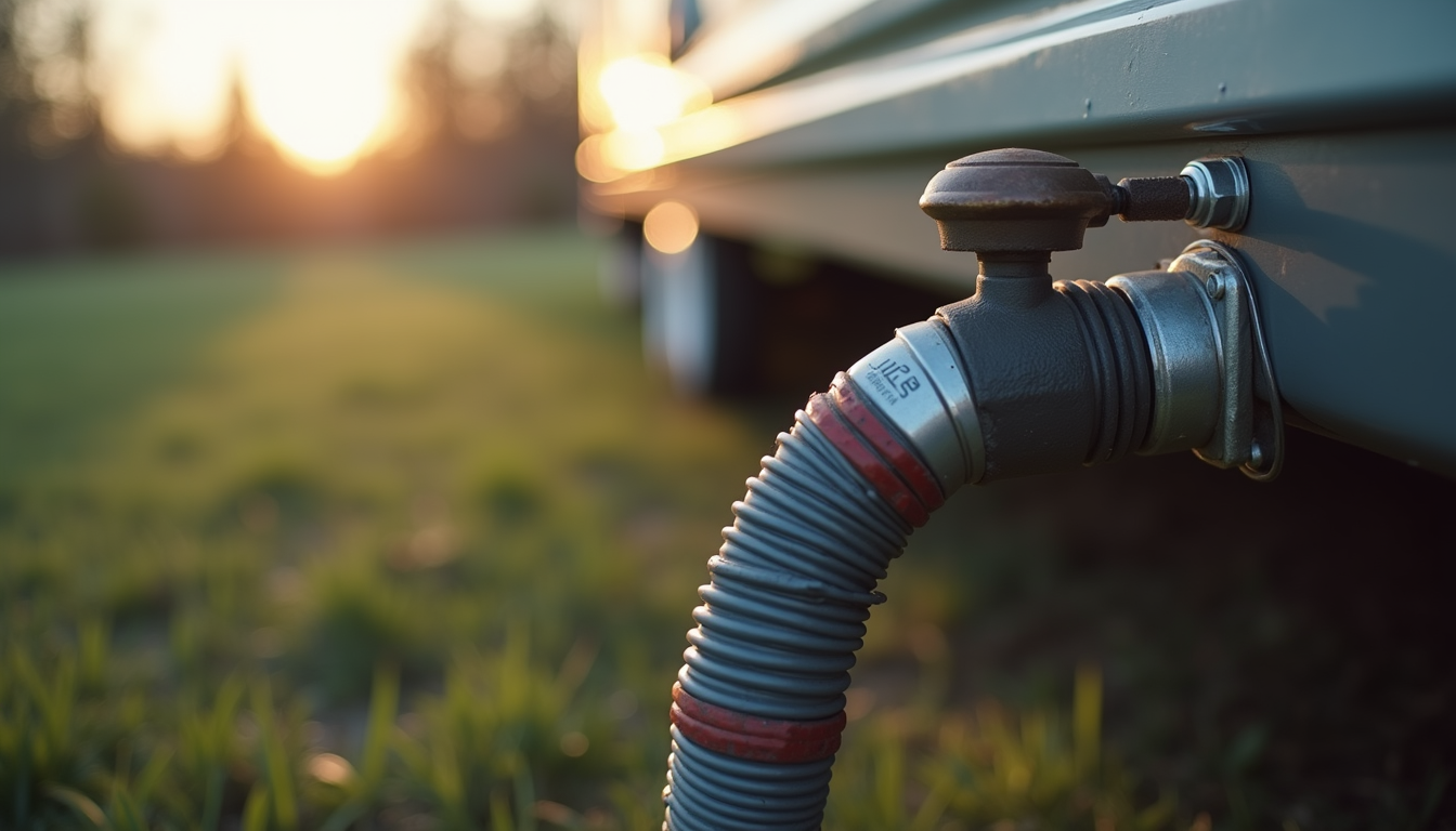 Close-up view of a heated RV hose connected to an RV water inlet
