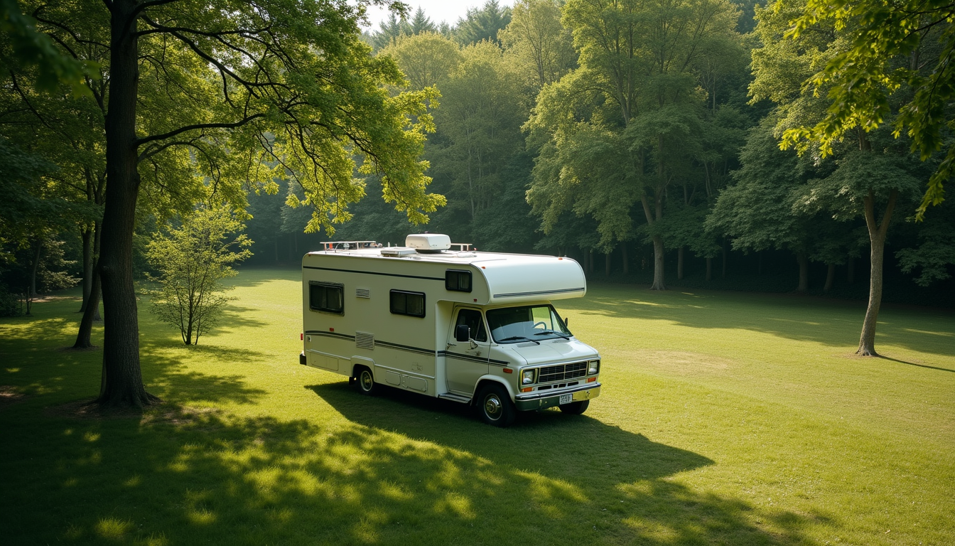 High angle view of an RV parked in a spacious green area with trees