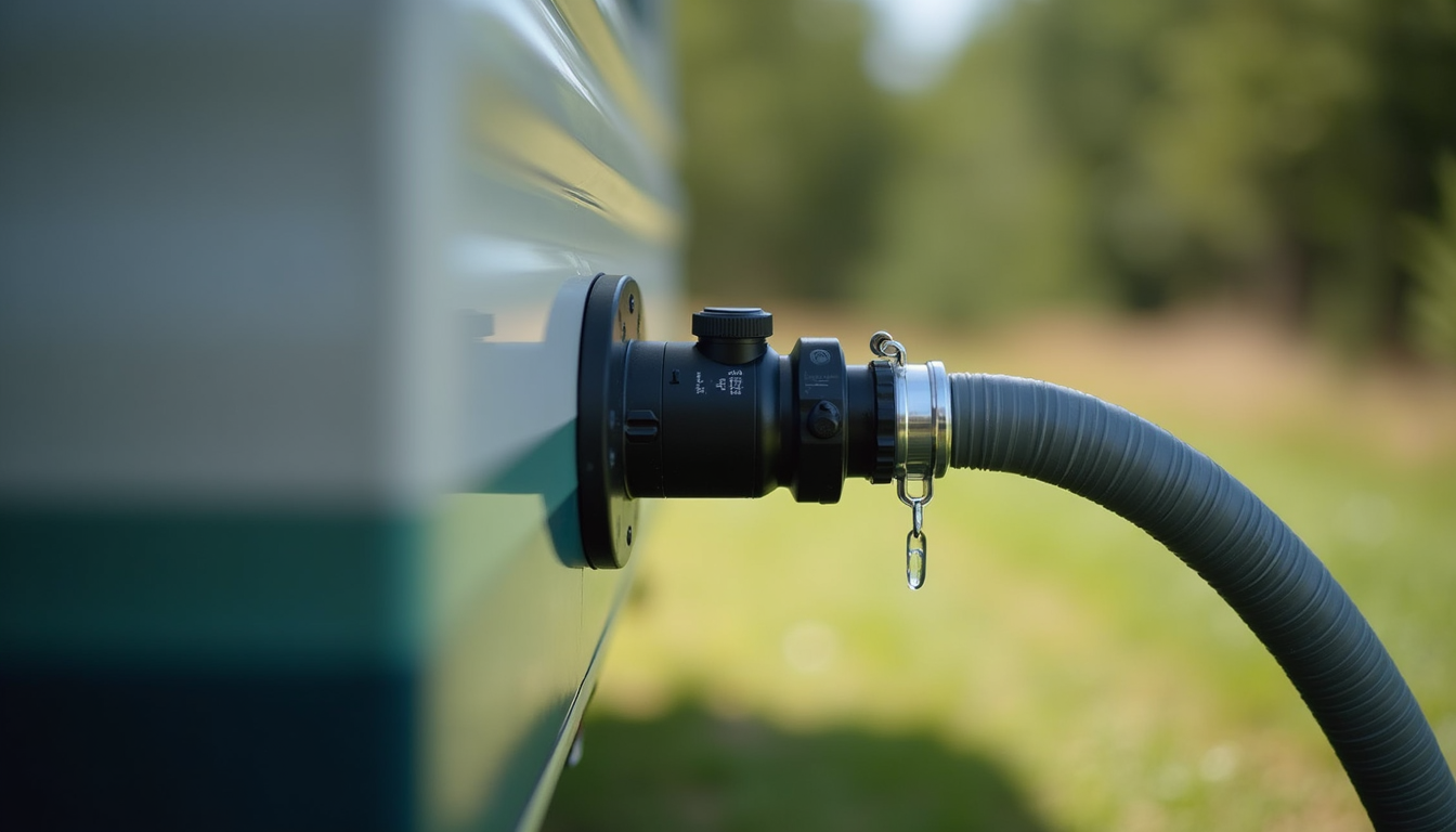 Close-up view of an RV water filter attached to a hose