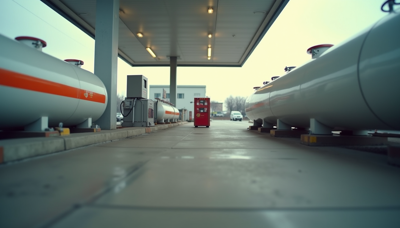 Eye-level view of a propane tank exchange station with tanks lined up