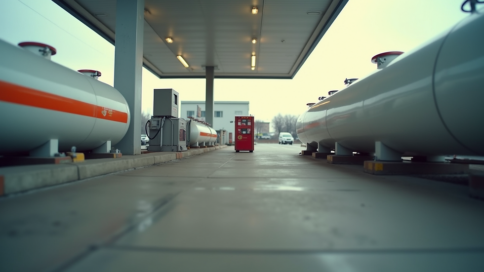 Eye-level view of a propane tank exchange station with tanks lined up
