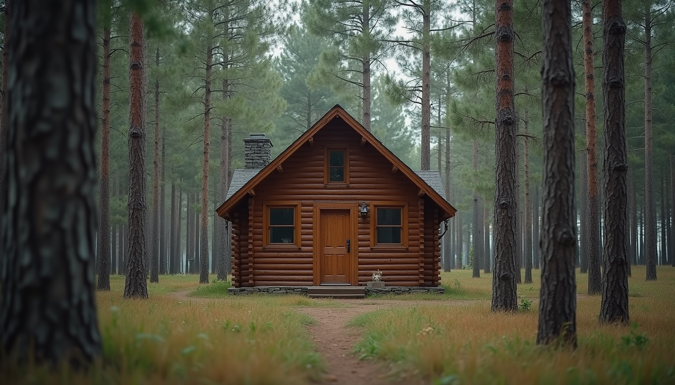 Eye-level view of a cozy wooden cabin surrounded by tall pine trees