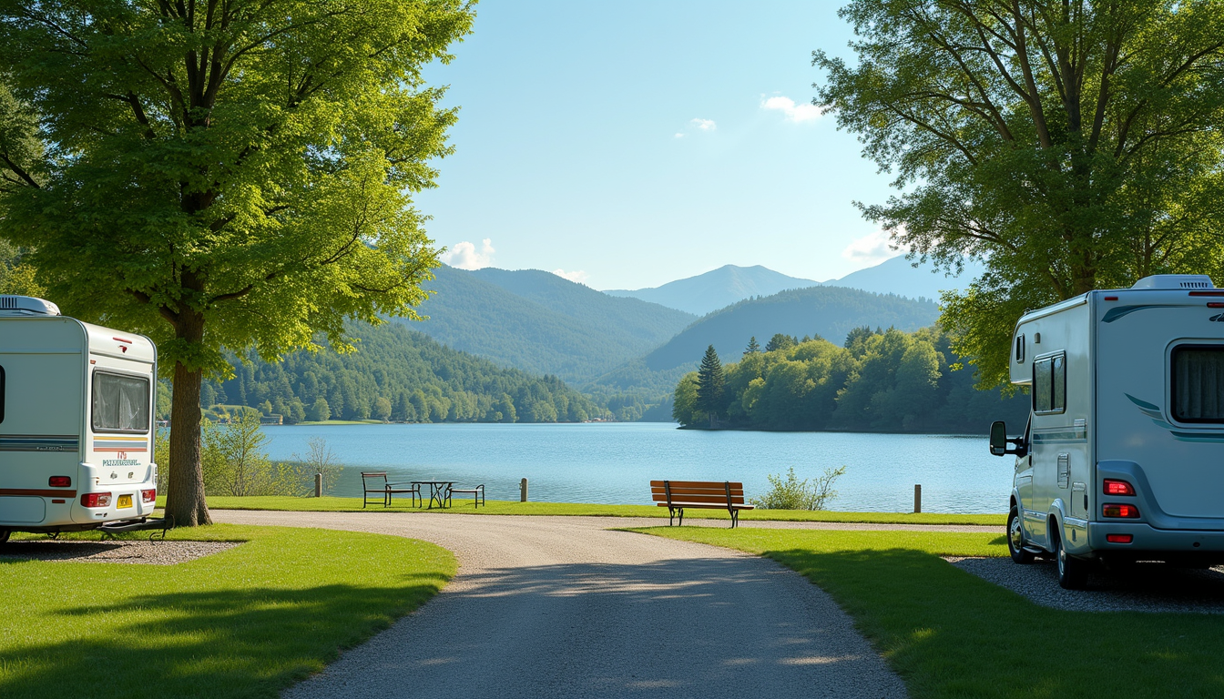 Wide angle view of a lakeside RV park with clear blue water and green trees