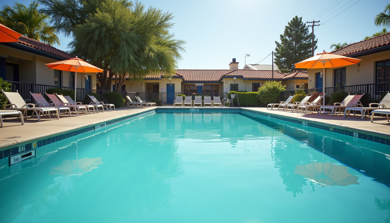 Wide angle view of a swimming pool surrounded by lounge chairs at an RV resort