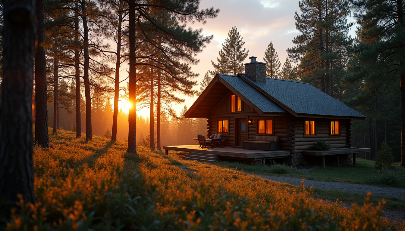 Wide angle view of a cozy cabin surrounded by trees at sunset