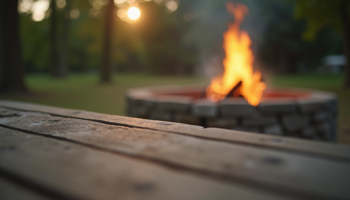 Close-up view of a picnic table with a fire pit in the background