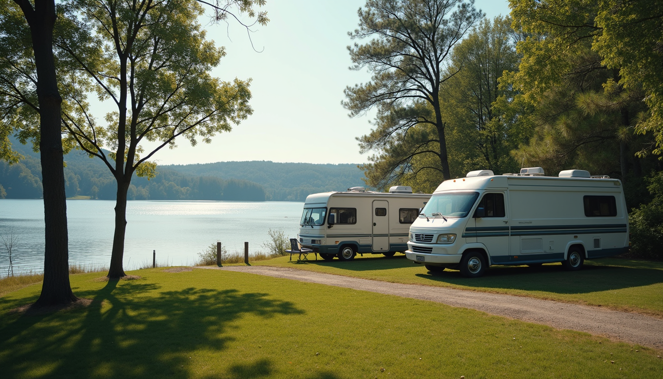 Wide angle view of RVs parked near a calm lake with trees in the background