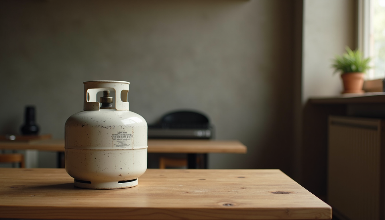 Close-up view of a small propane tank on a wooden table