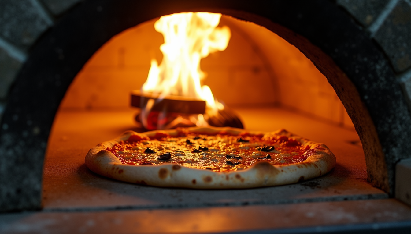 Close-up view of pizza cooking inside an outdoor pizza oven