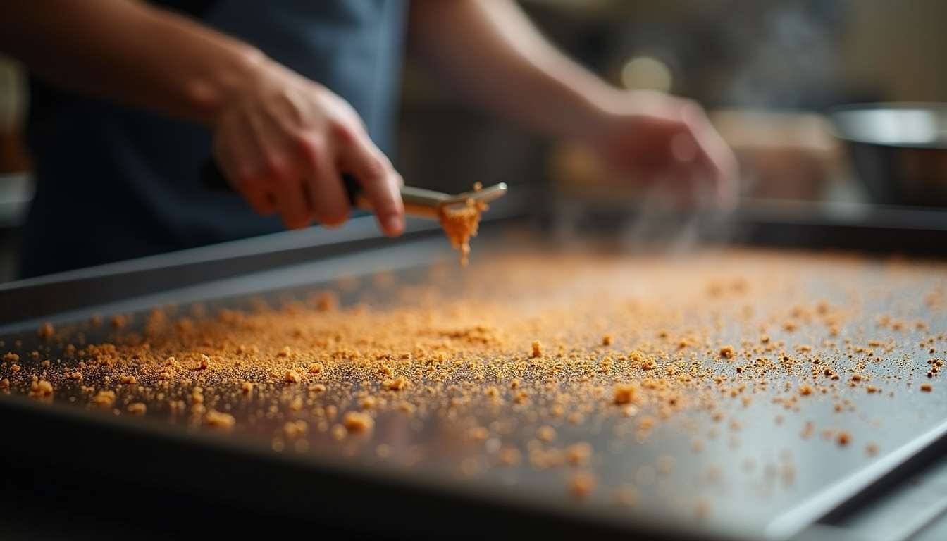 Close-up view of a clean and seasoned griddle surface