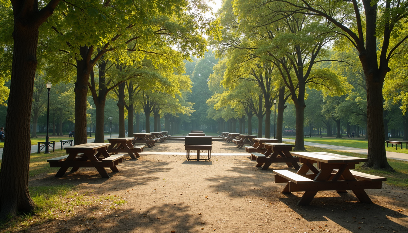 Wide angle view of a picnic area with tables and grills under tall trees