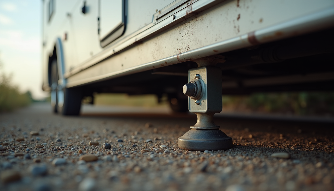 Close-up view of a sturdy trailer jack mounted on an RV trailer