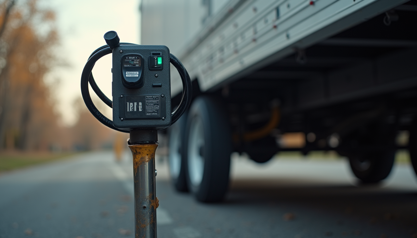 Eye-level view of an electric trailer jack with control panel and wiring