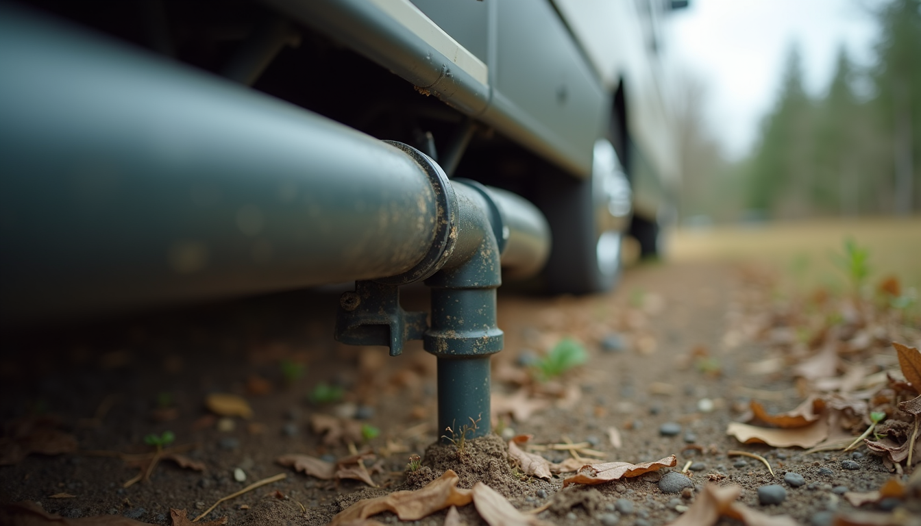Close-up view of a sturdy RV sewer hose support holding a hose above ground