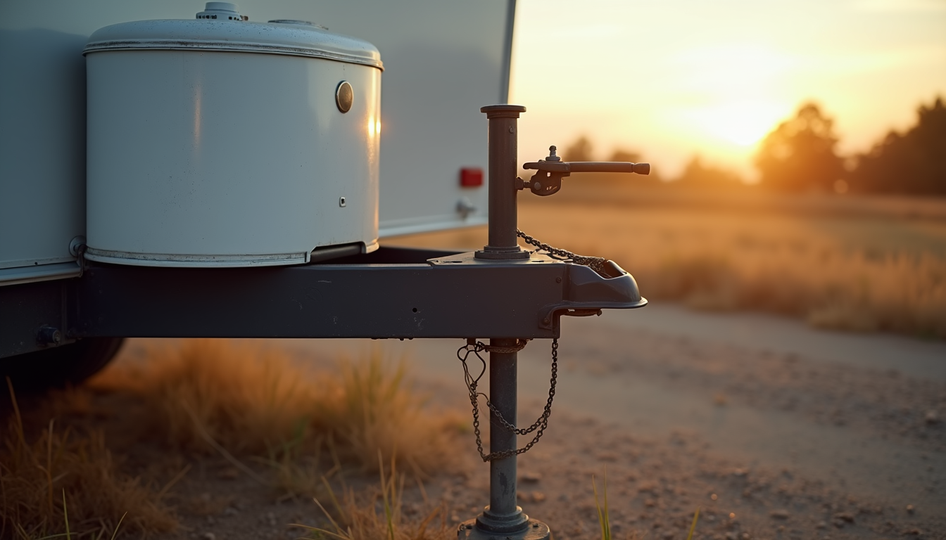 Close-up view of a sturdy RV trailer jack mounted on a trailer tongue