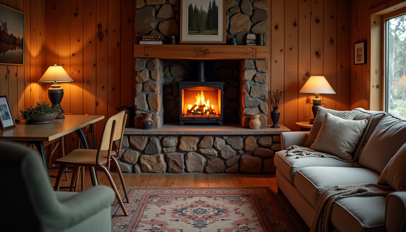 Eye-level view of a cozy cabin living room with a glowing fireplace