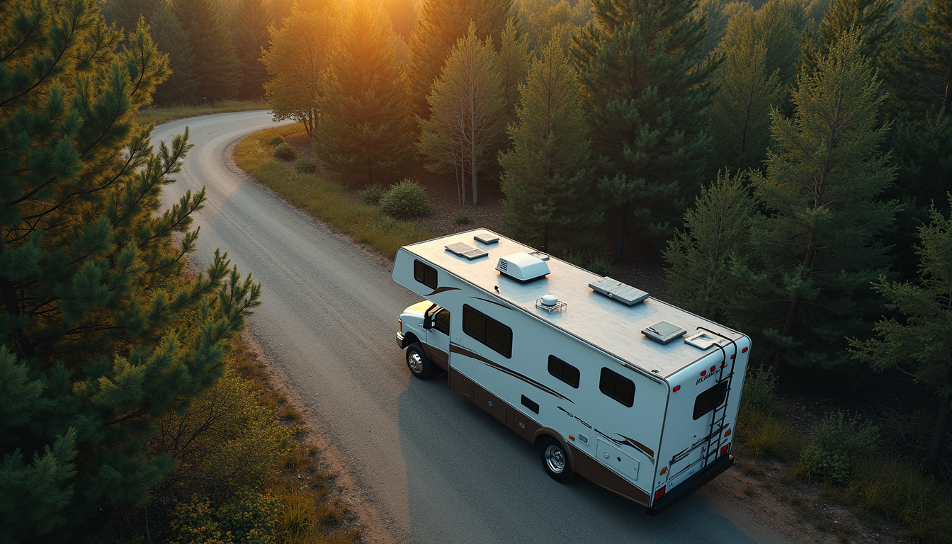 High angle view of an RV parked near a wooded area