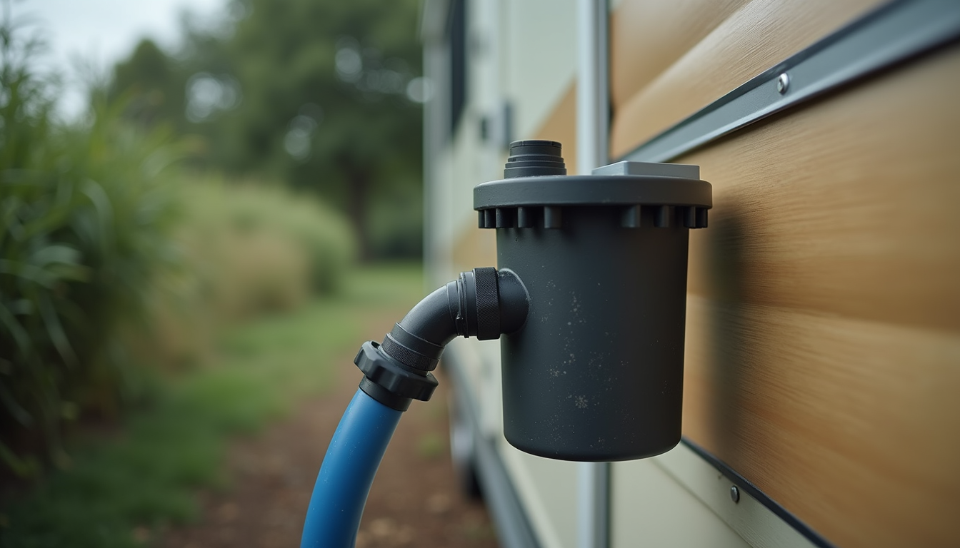 Close-up view of an RV water filter attached to a hose