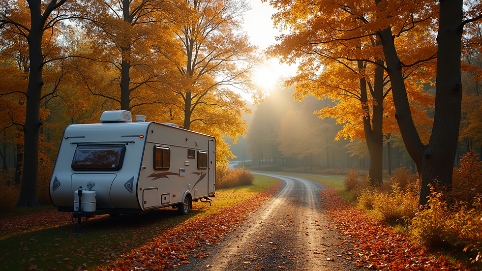 Wide angle view of a peaceful RV site surrounded by autumn trees