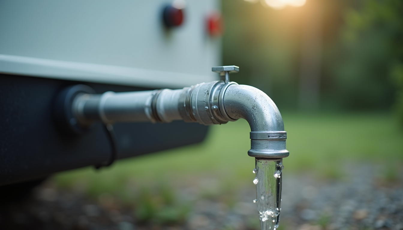 Close-up view of RV water filter attached to a hose