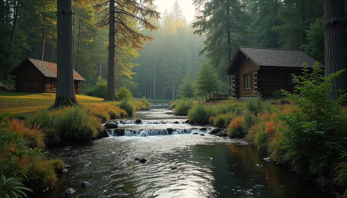High angle view of a creek flowing through a wooded area near cabins