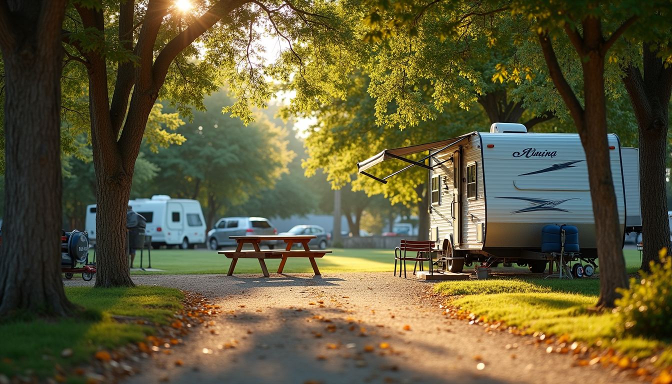 Eye-level view of a cozy RV site with shaded trees and picnic table