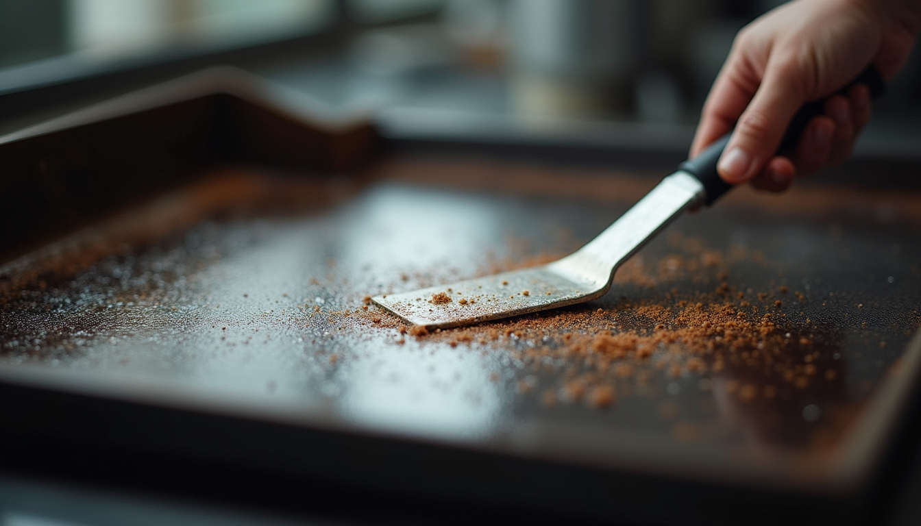 High angle view of a griddle being cleaned with a metal scraper